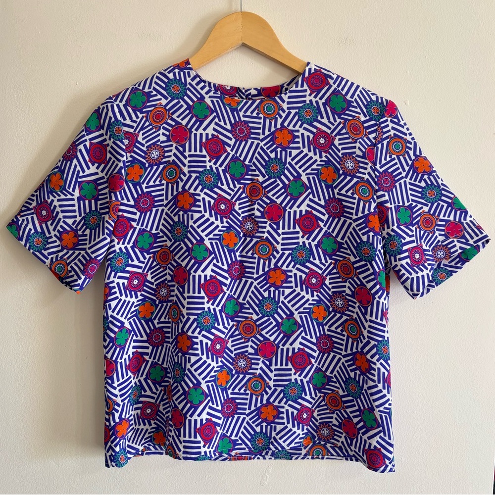 Vintage 80s Anna Kriste Short Sleeve Blouse Womens Petite Medium Geometric Art